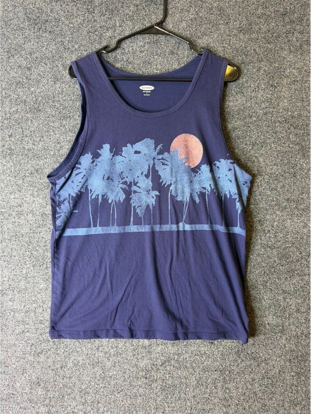 Old Navy Tank Top Mens Large Purple Soft Washed Palm Trees Graphic Sunset Beach